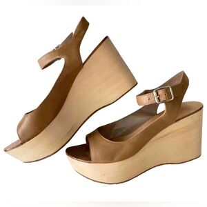 Belle by Sigerson Morrison Tan Leather Mary Jane Platform Wedges – Size 9.5